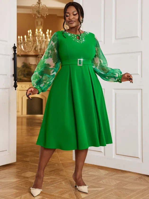 AOMEIDRESS Nail Bead A-line Dress O Neck Mesh Patchwork Bubble Sleeve