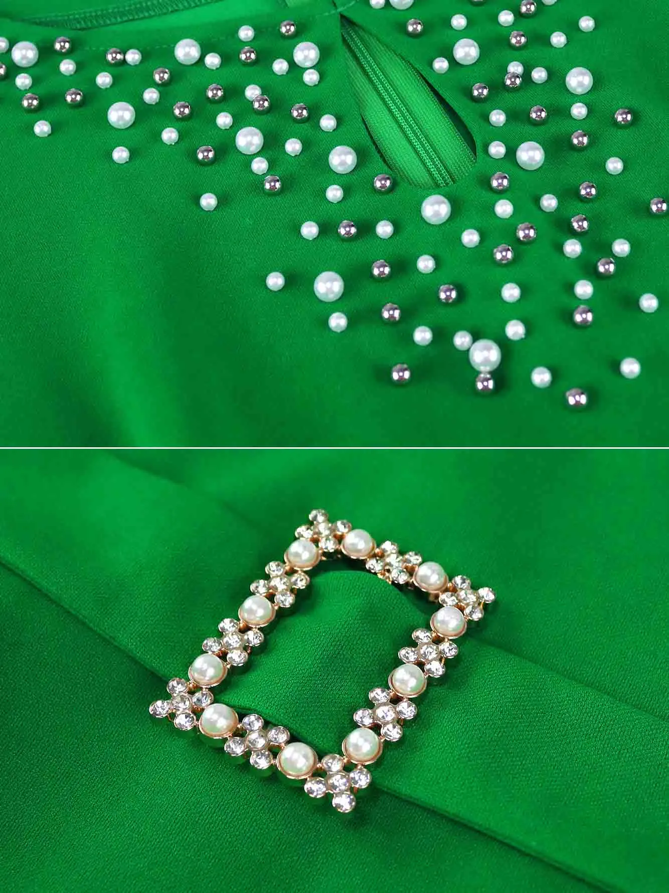 AOMEIDRESS Nail Bead A-line Dress O Neck Mesh Patchwork Bubble Sleeve