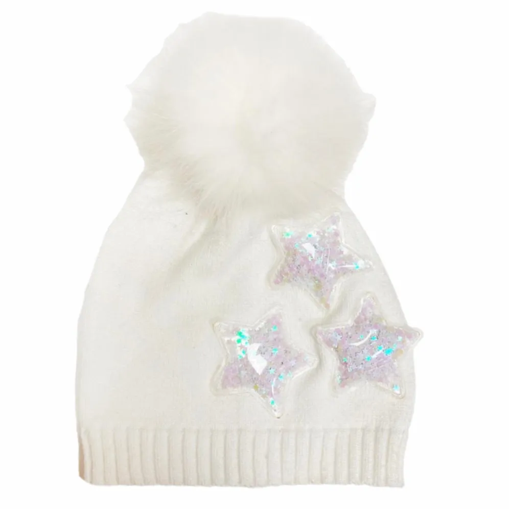 Bari Lynn Confetti Star Knit Hat w/ Fur Pom