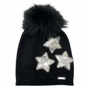 Bari Lynn Confetti Star Knit Hat w/ Fur Pom