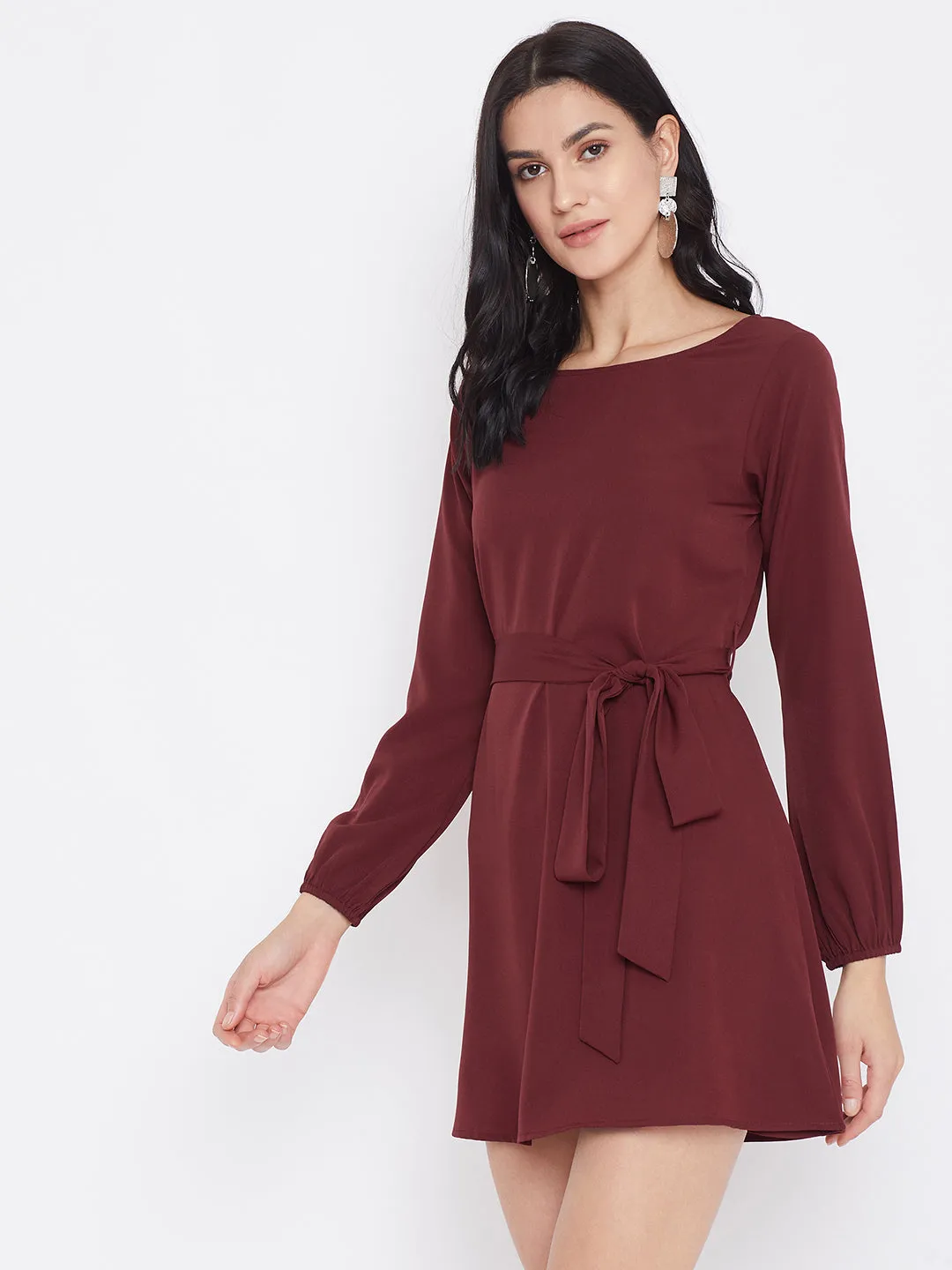 Berrylush Women Solid Maroon Front Belt A-Line Mini Dress