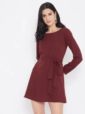 Berrylush Women Solid Maroon Front Belt A-Line Mini Dress