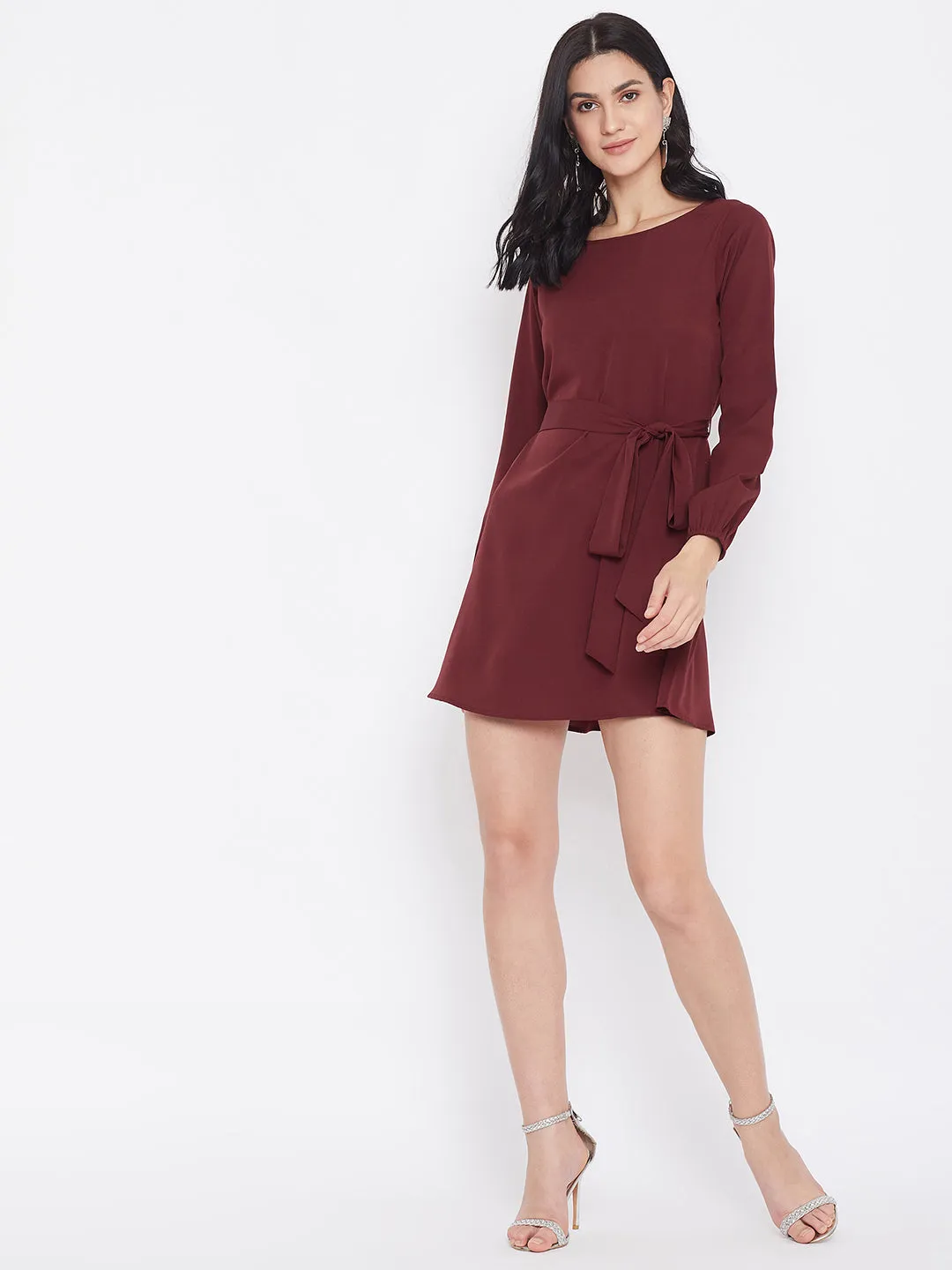 Berrylush Women Solid Maroon Front Belt A-Line Mini Dress