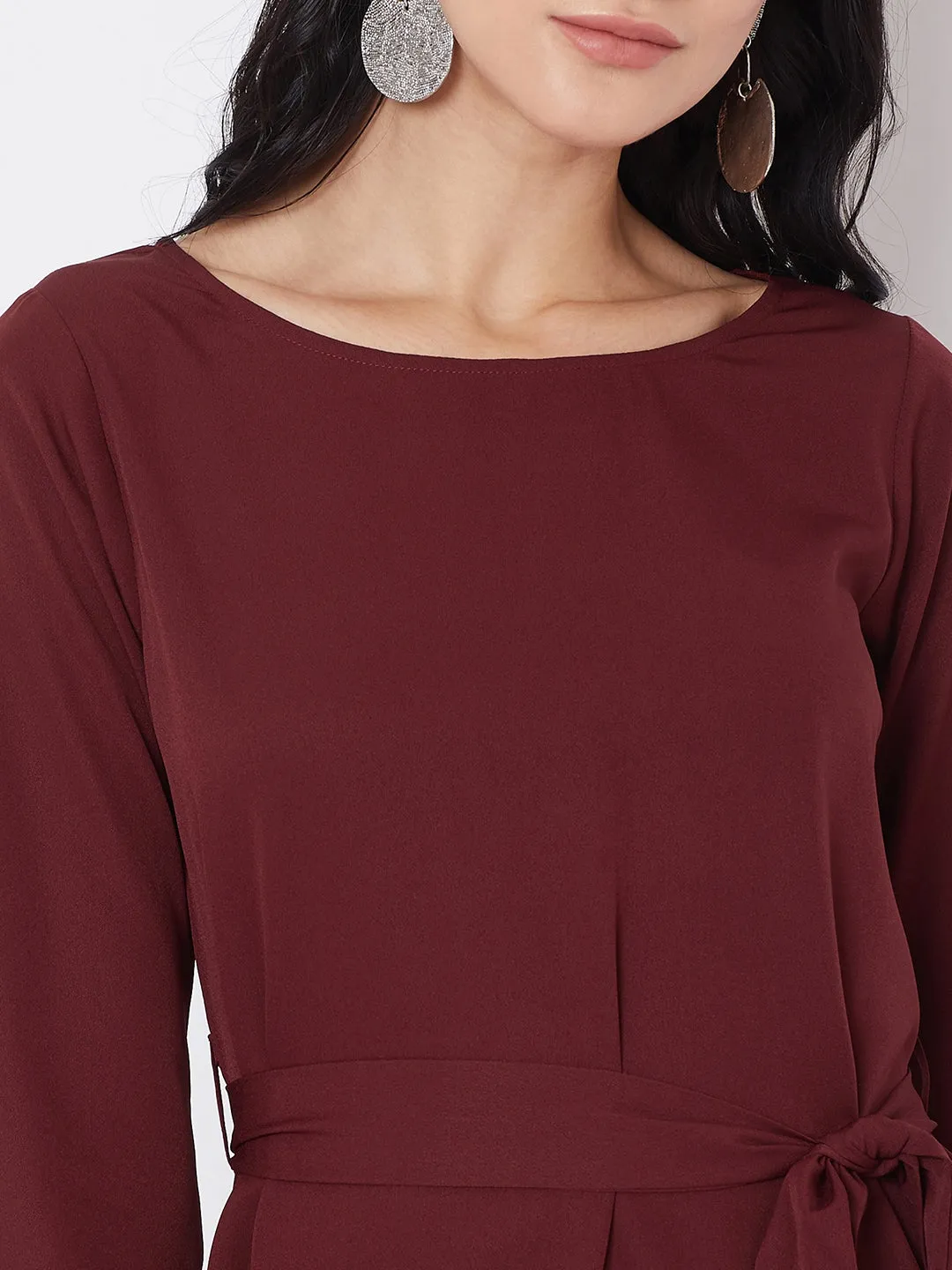 Berrylush Women Solid Maroon Front Belt A-Line Mini Dress