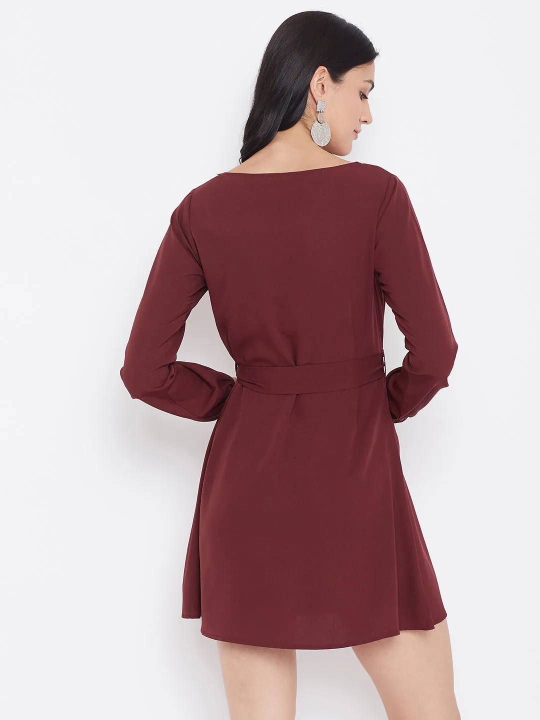 Berrylush Women Solid Maroon Front Belt A-Line Mini Dress