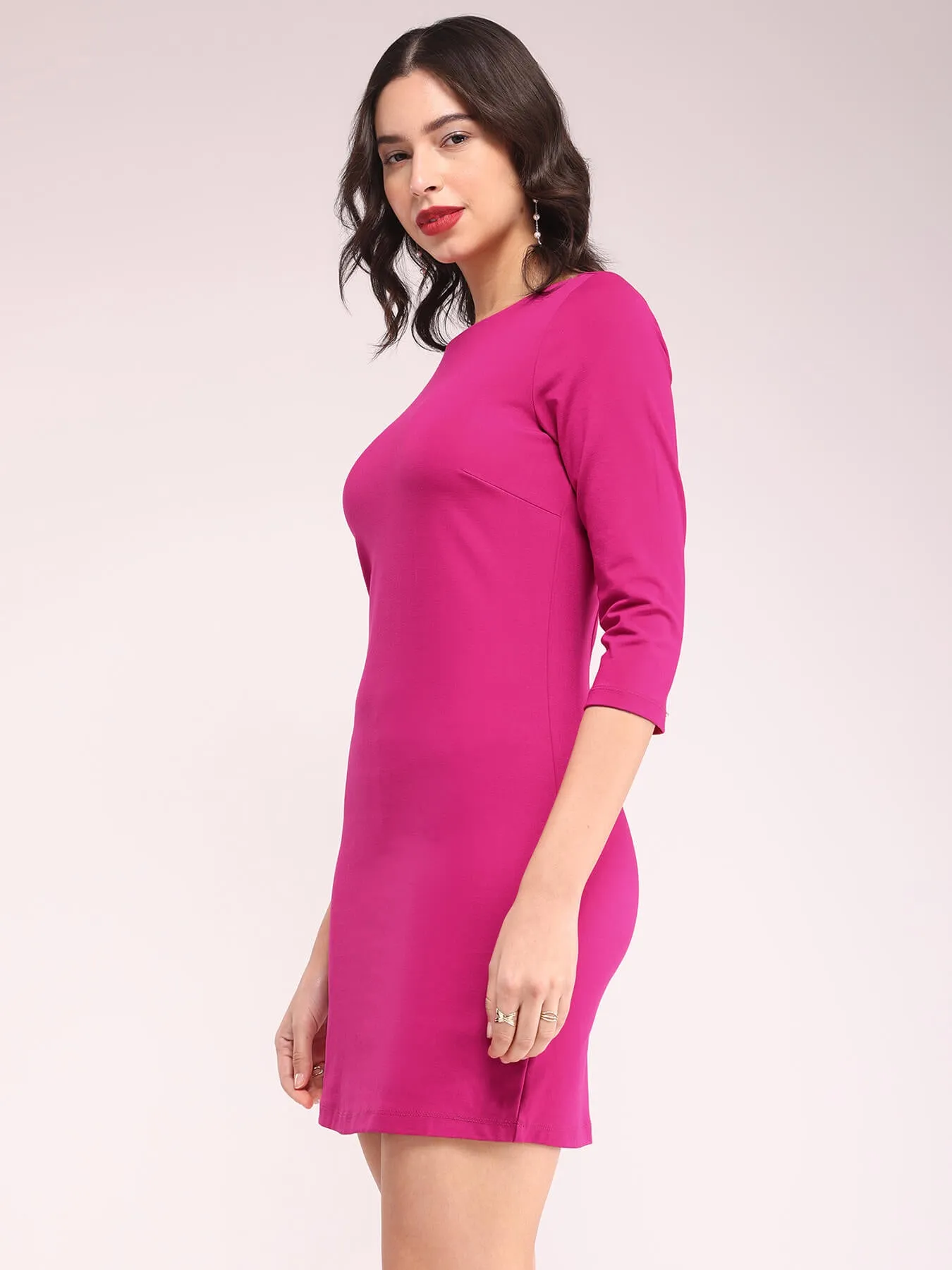 Boat Neck Bodycon Dress - Fuchsia