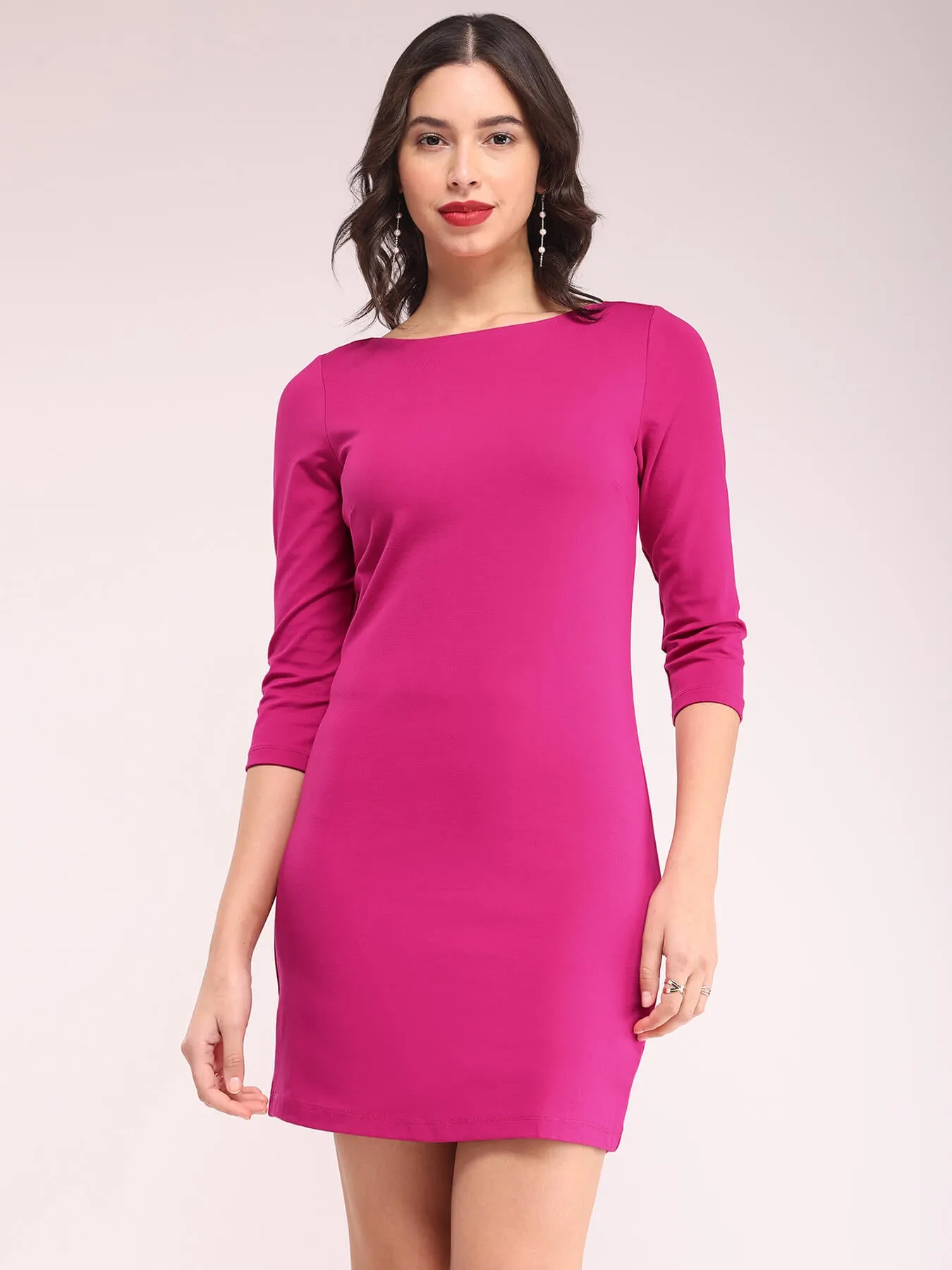 Boat Neck Bodycon Dress - Fuchsia