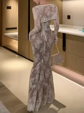 Bonnyshow  Sexy Women Elegant Bodycon Slim Lace Dress Vintage Casual Backless Bandage Party Dress Female Fashion Long Robe Clothes Spring