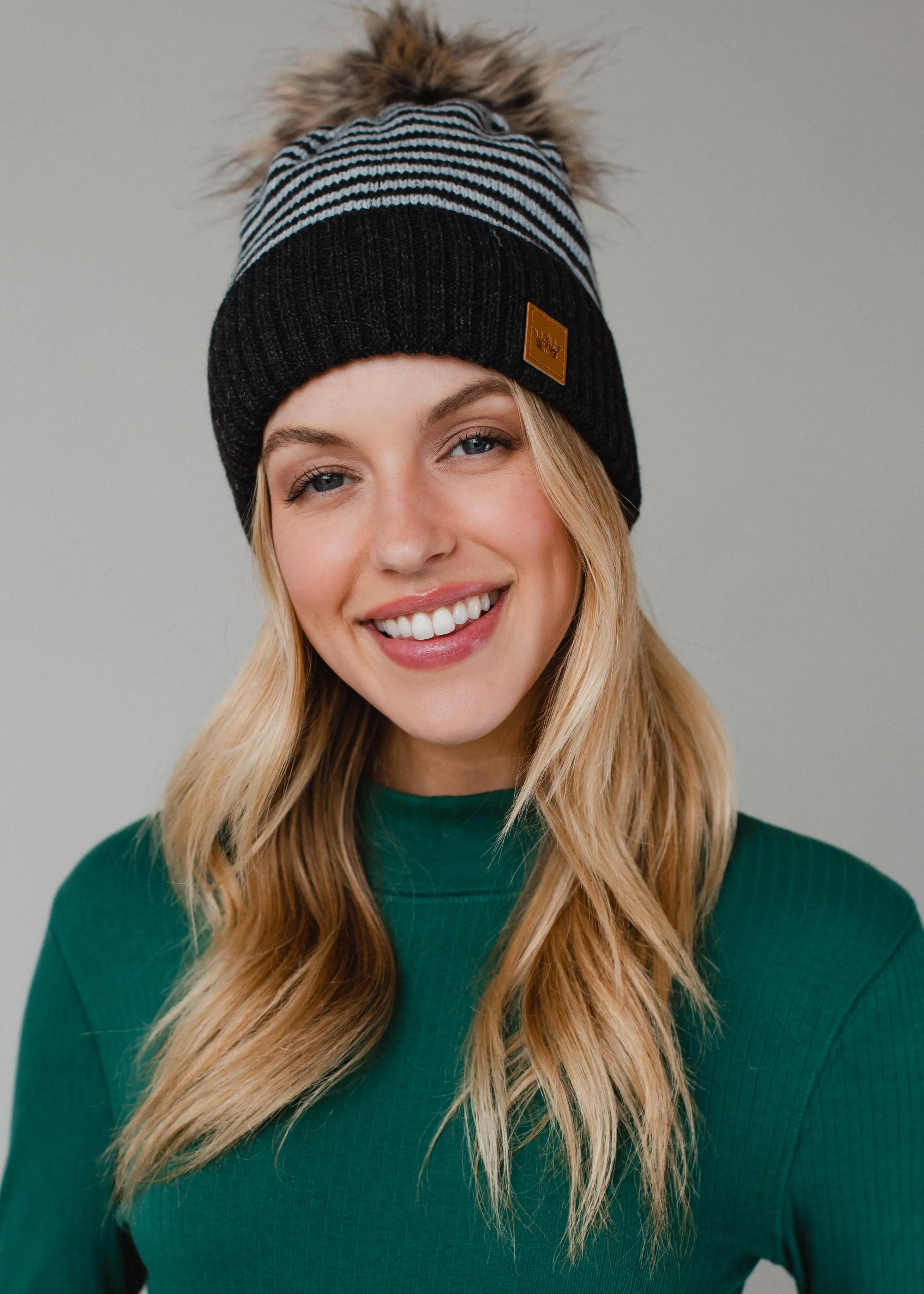 Dk. Gray & White Striped Pom Hat