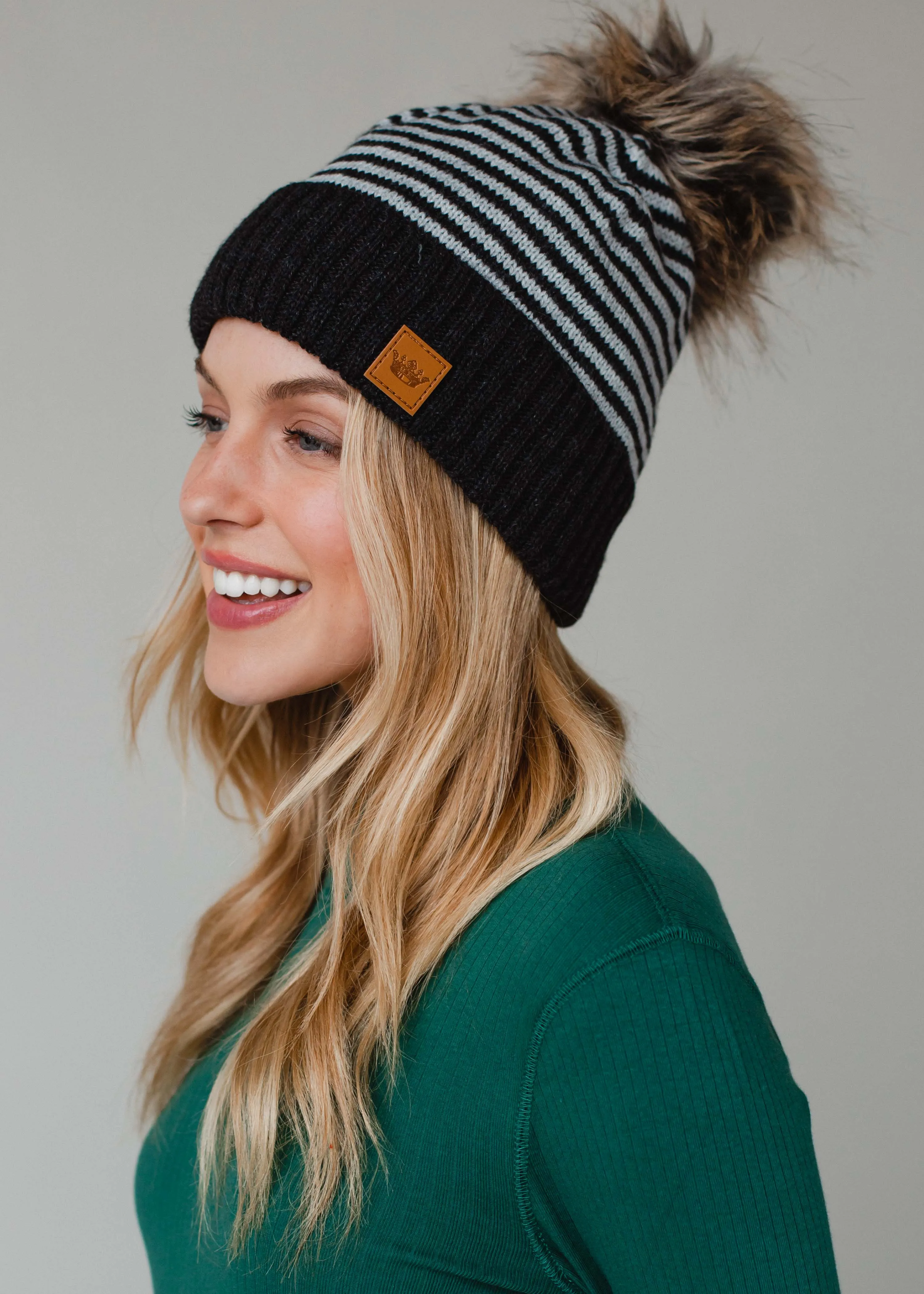 Dk. Gray & White Striped Pom Hat