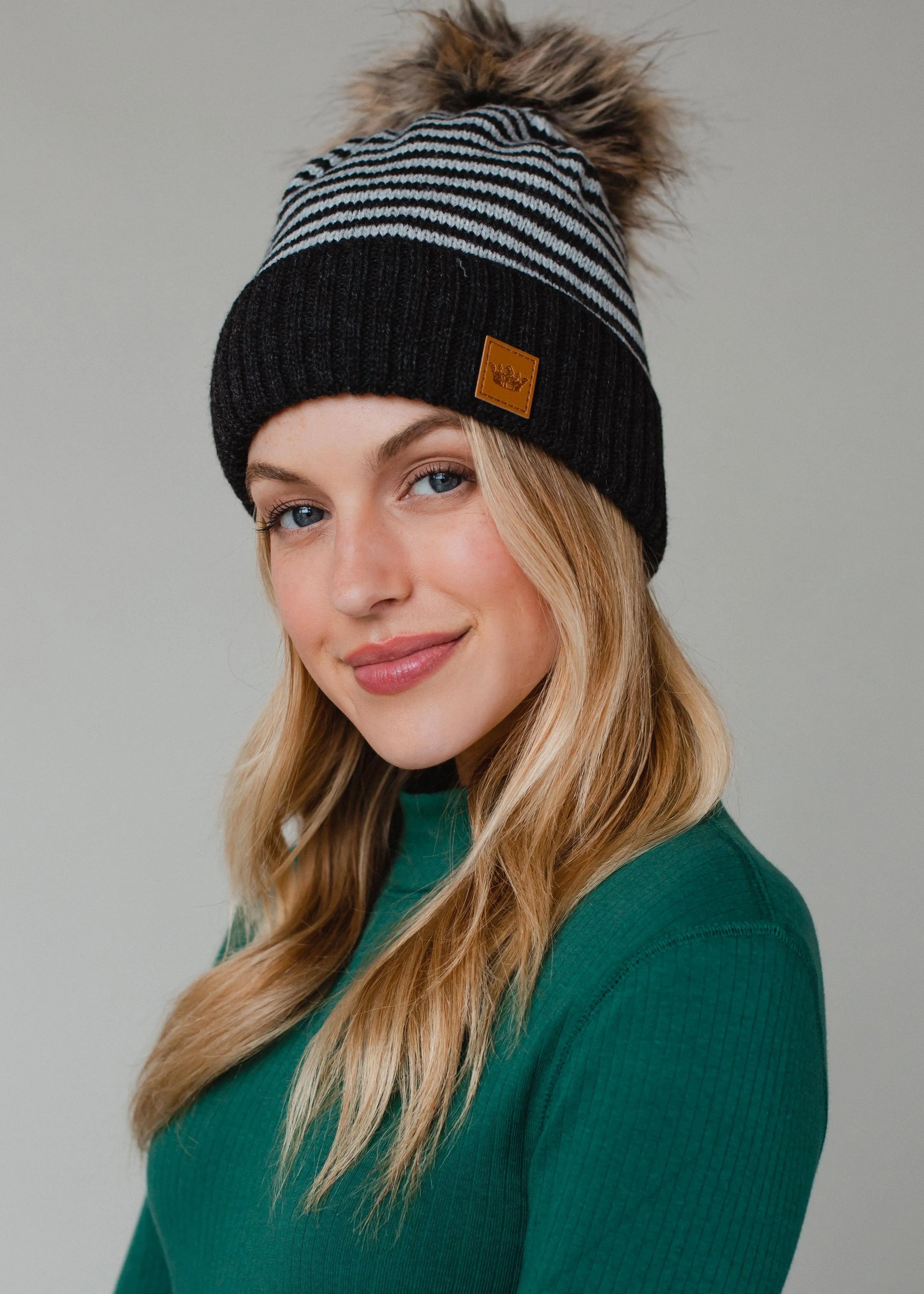 Dk. Gray & White Striped Pom Hat