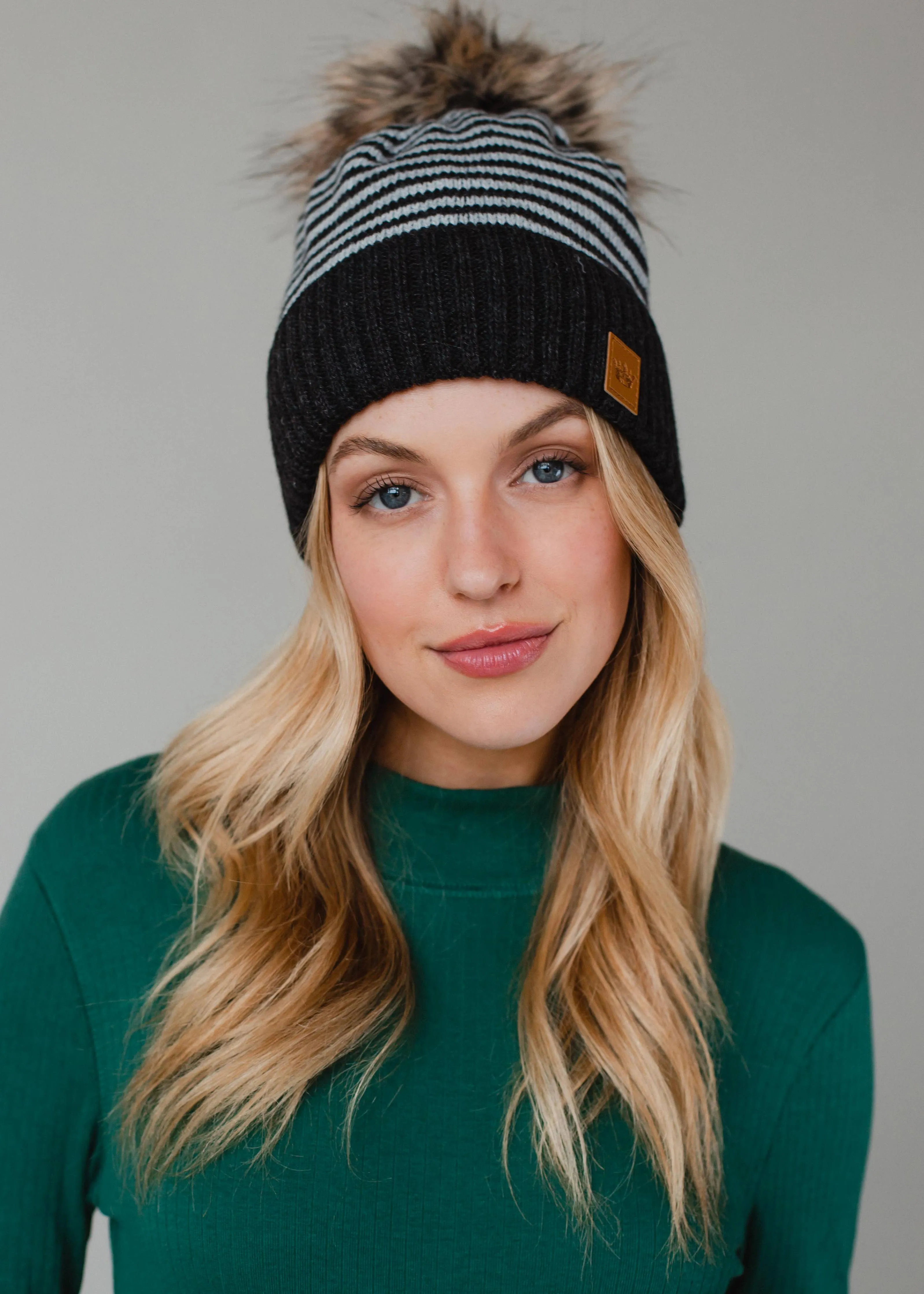 Dk. Gray & White Striped Pom Hat