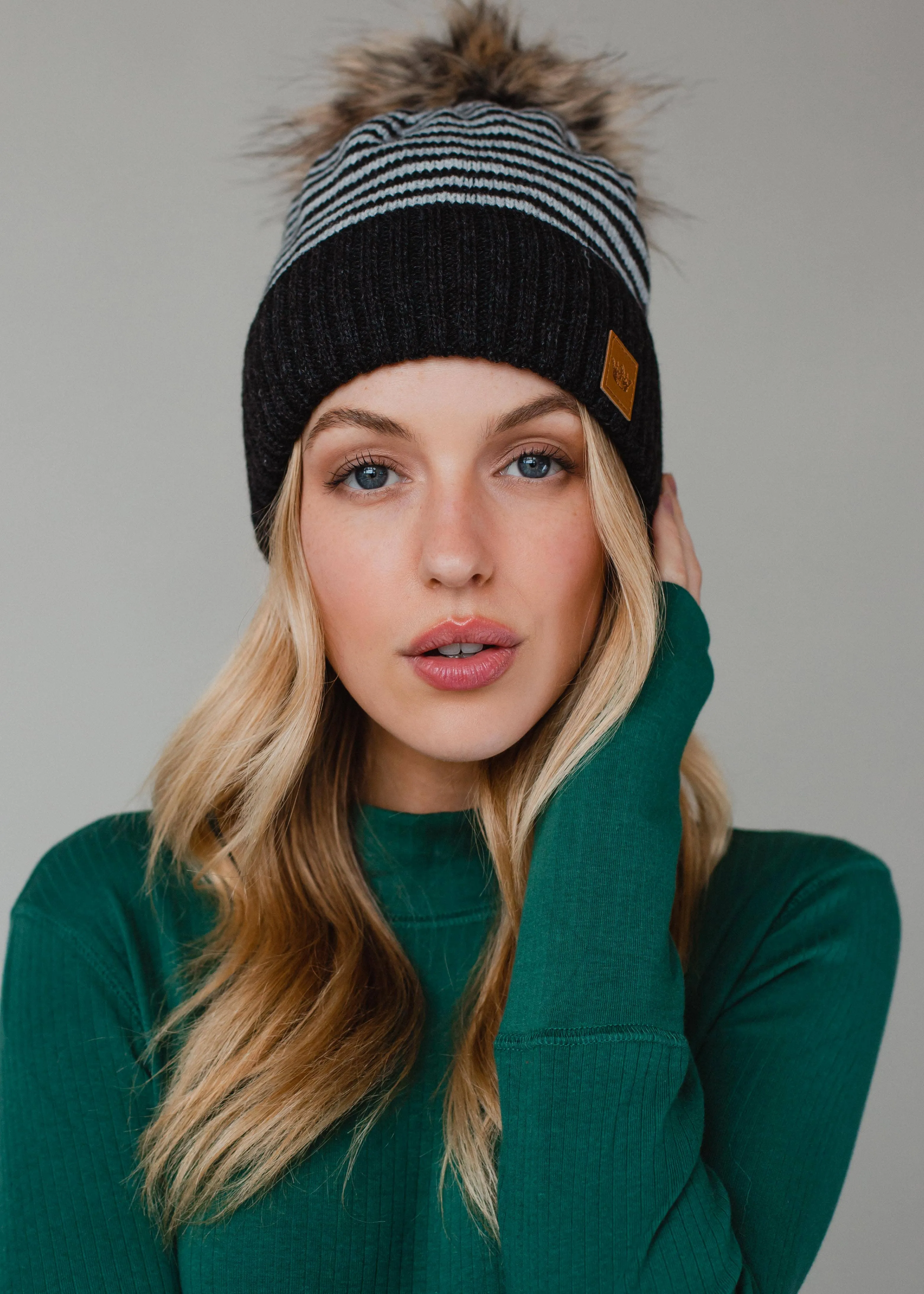 Dk. Gray & White Striped Pom Hat
