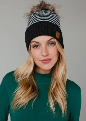 Dk. Gray & White Striped Pom Hat