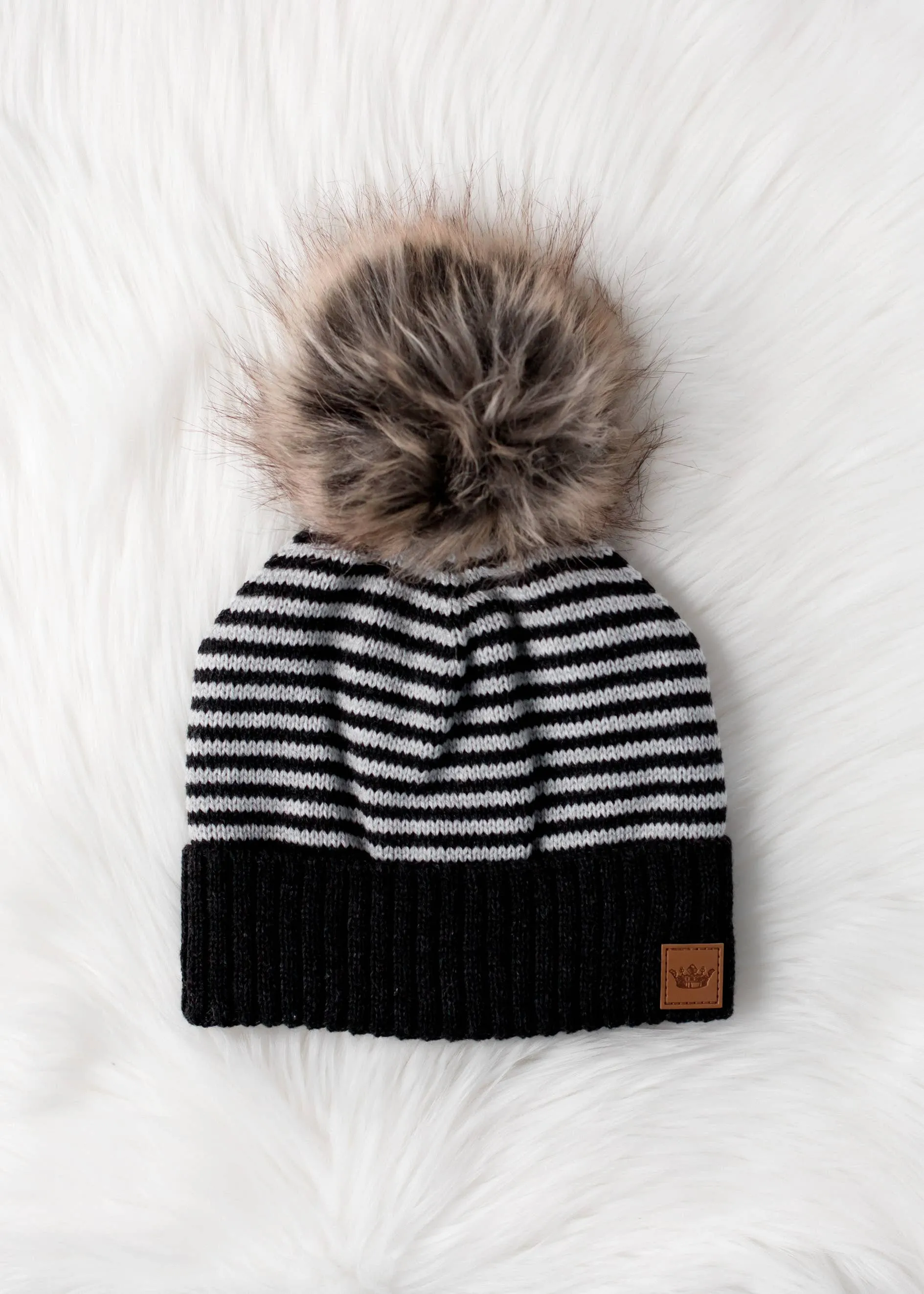 Dk. Gray & White Striped Pom Hat