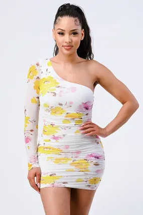 FLORAL CHIFFON ONE SHOULDER BODYCON DRESS