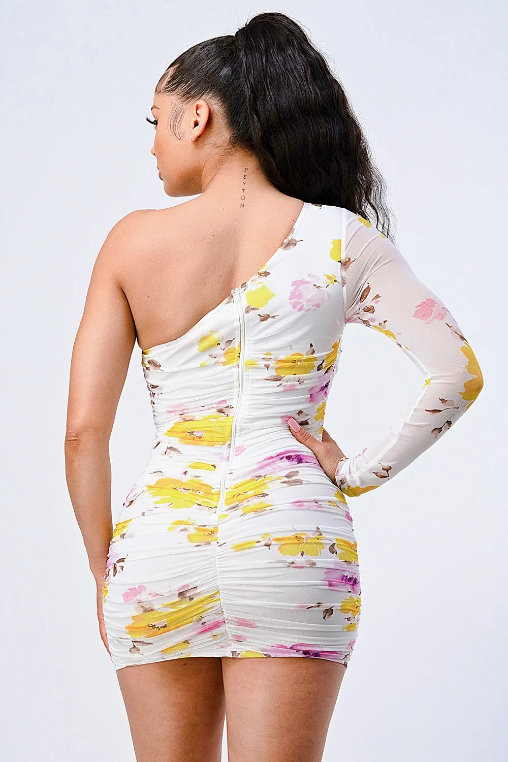FLORAL CHIFFON ONE SHOULDER BODYCON DRESS