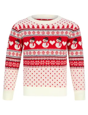 Girl's Snowman Jacquard Nordic Fairisle Novelty Christmas Jumper in Tokyo Red - Merry Christmas Kids (4-12yrs)