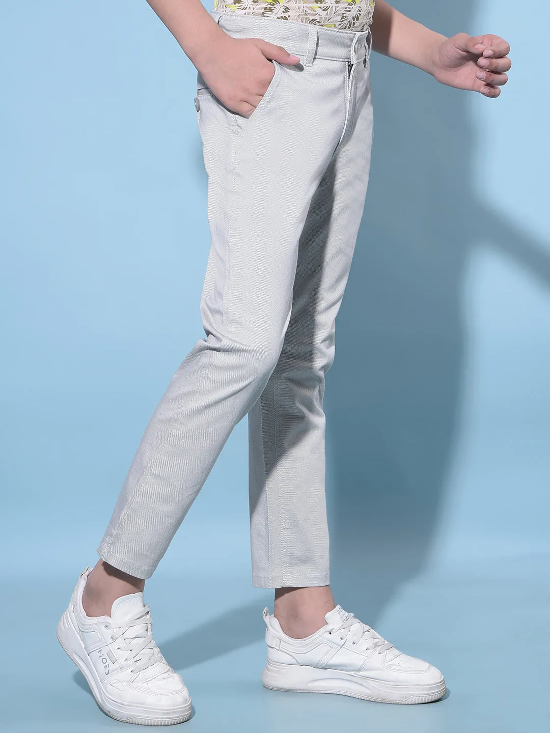 Grey Printed Cotton Chinos Trousers
