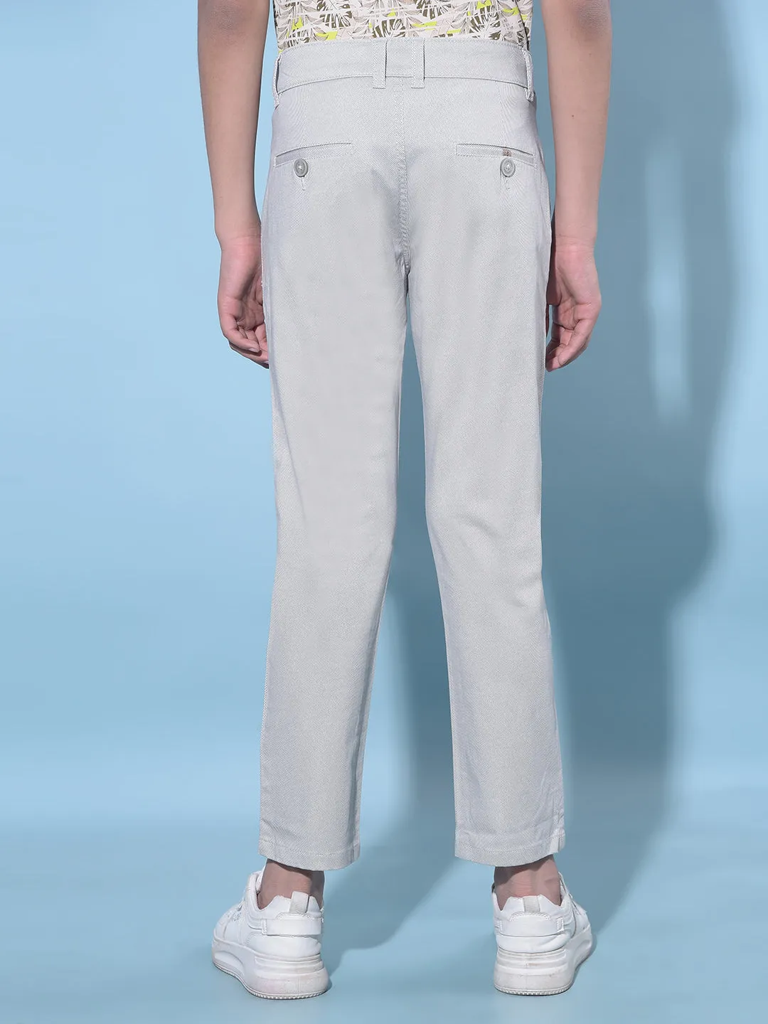 Grey Printed Cotton Chinos Trousers