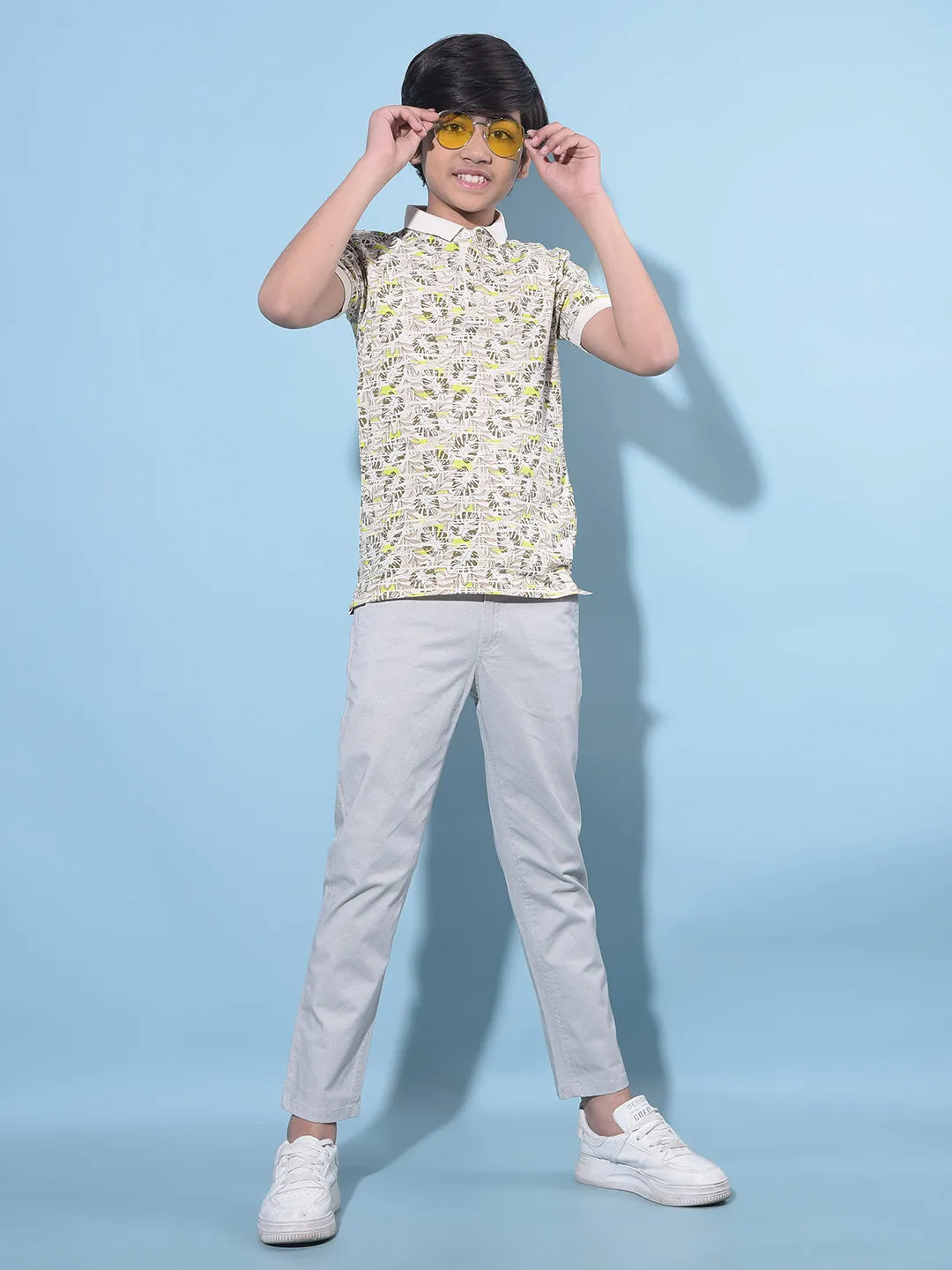 Grey Printed Cotton Chinos Trousers