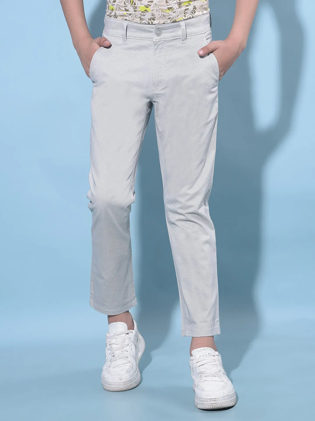 Grey Printed Cotton Chinos Trousers