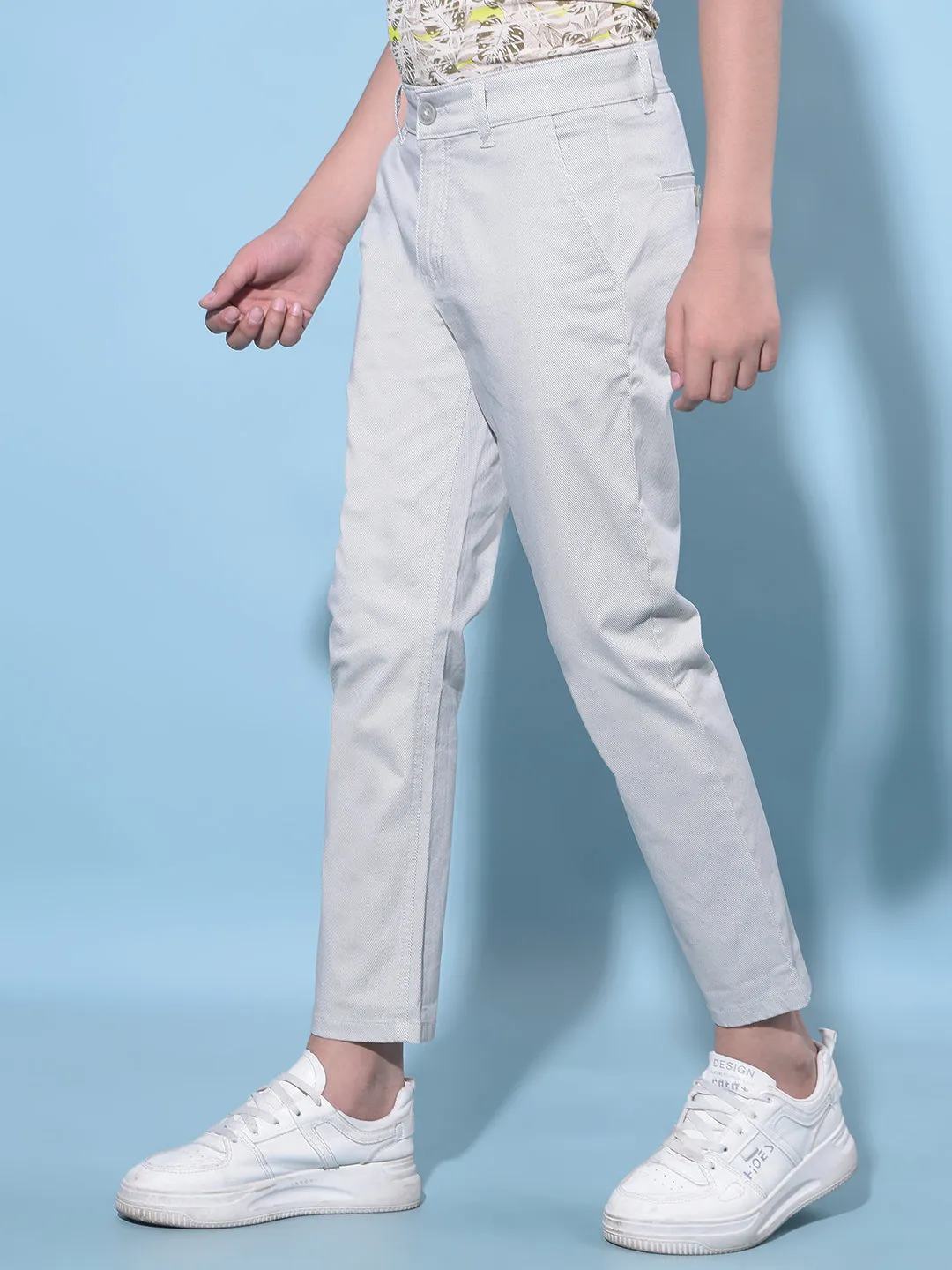 Grey Printed Cotton Chinos Trousers