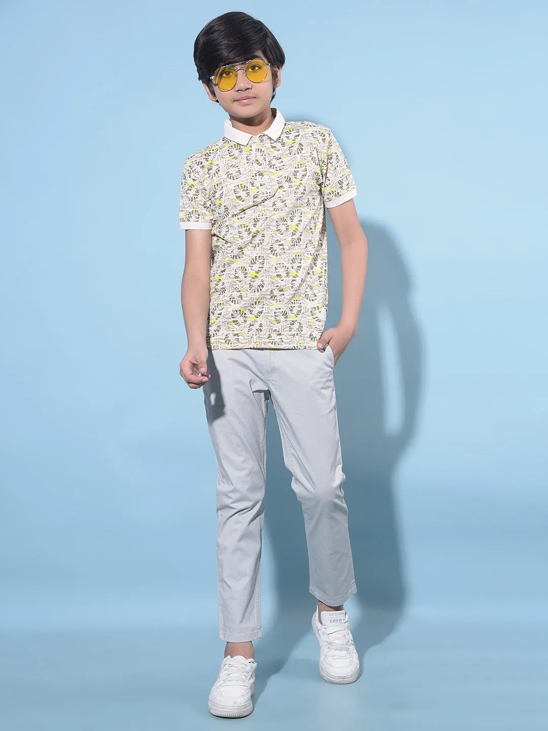 Grey Printed Cotton Chinos Trousers
