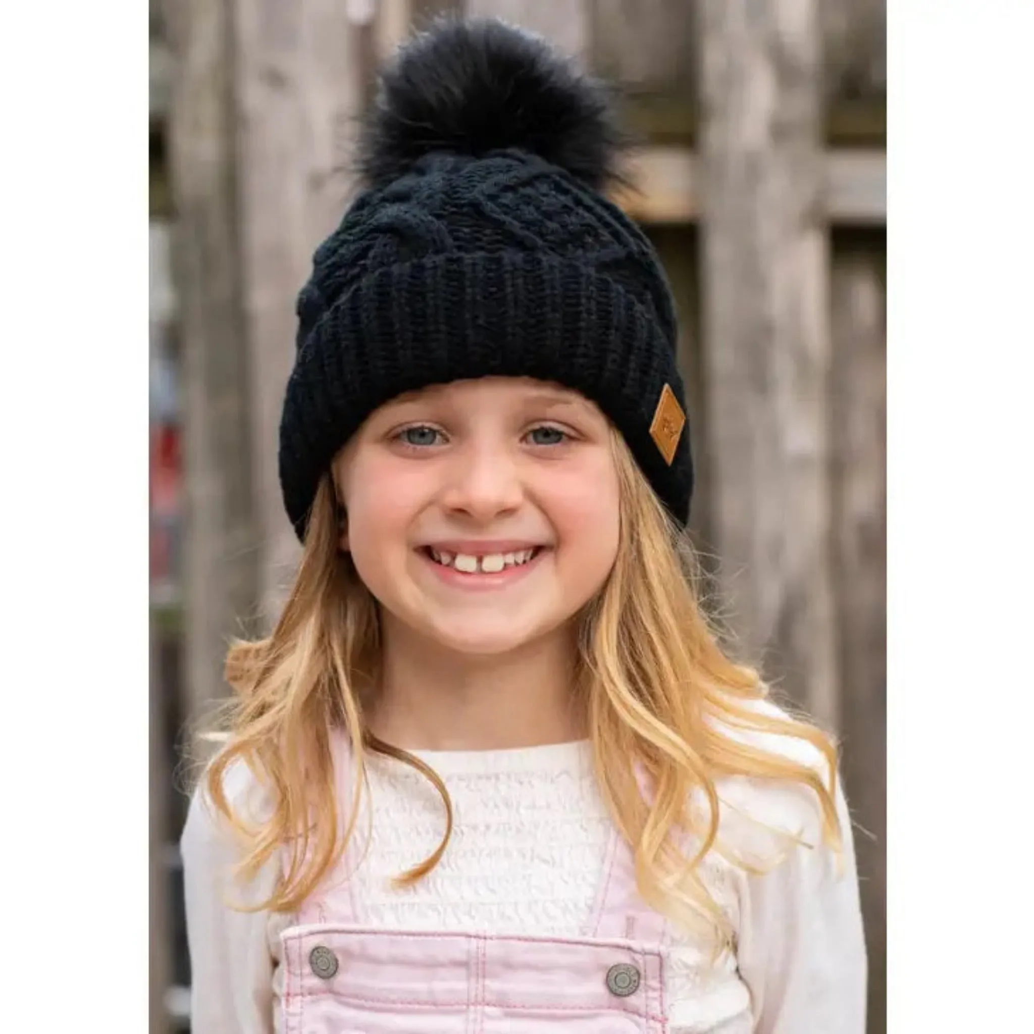Kids Black Cable Knit Pom Pom Hat
