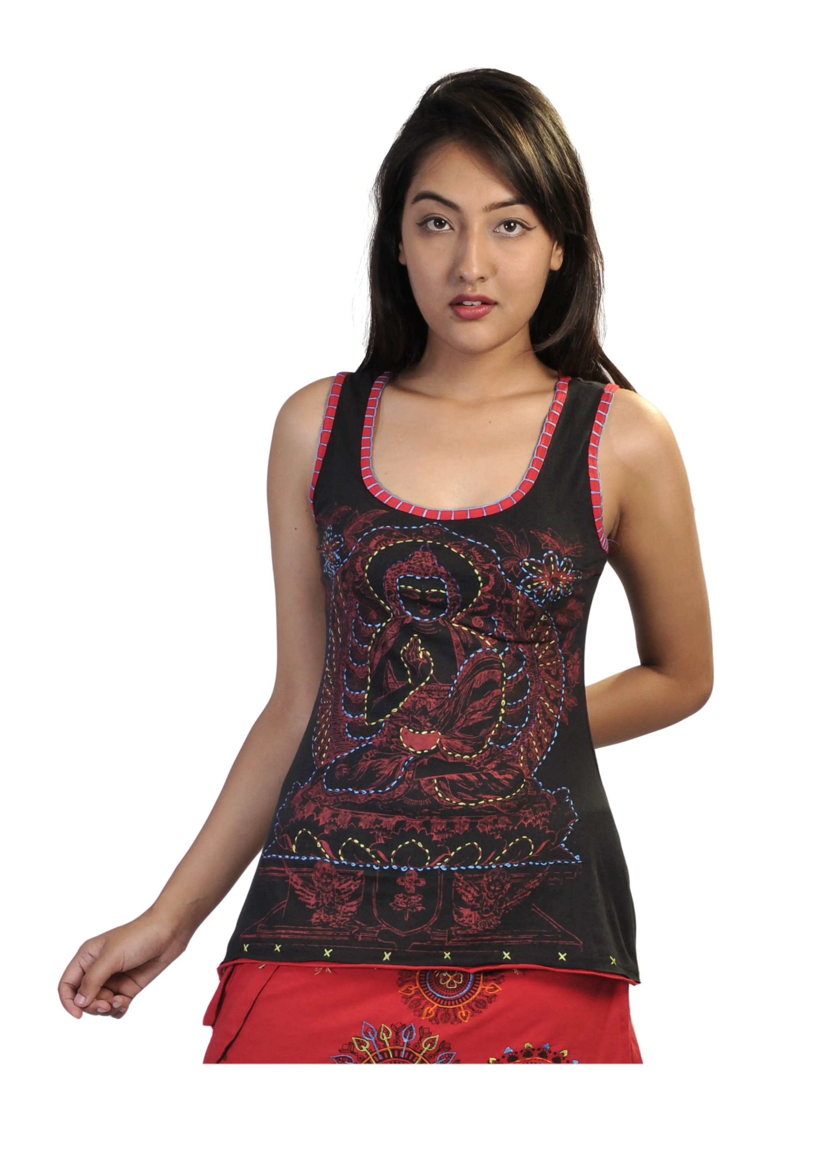 Ladies sleeveless Tank Tops with  buddha image outline embroidery- LMN6010