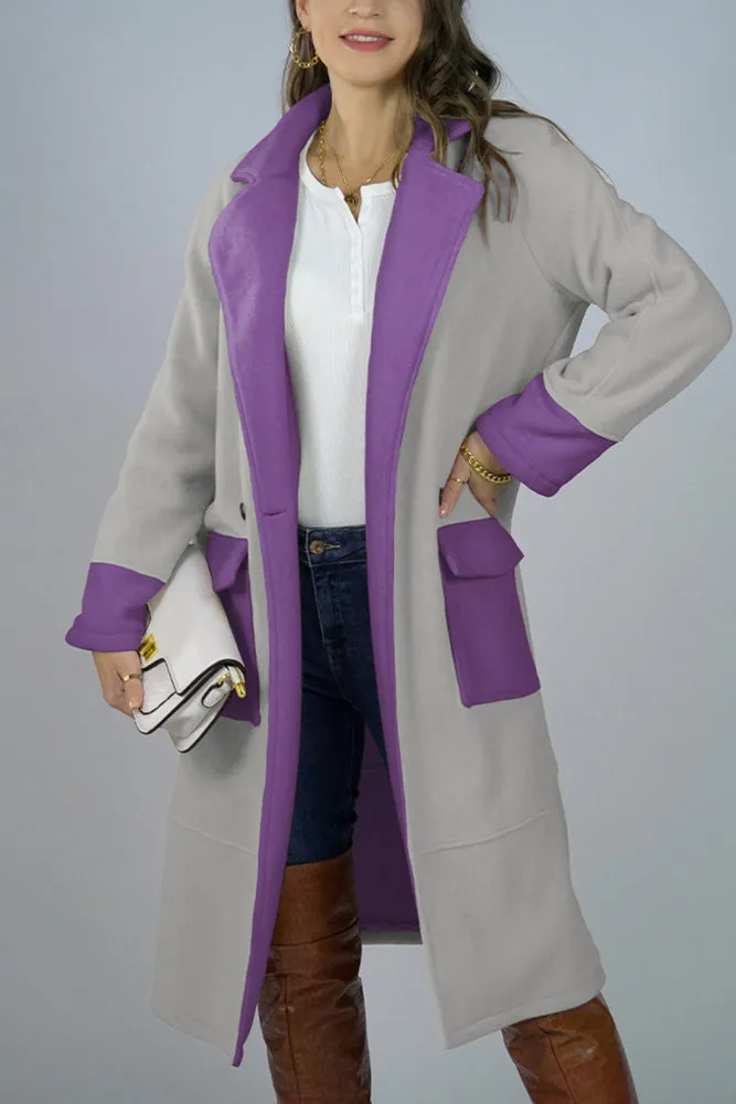 Lapel Collar Contrast Color Pockets Long Length Woolen Winter Outfits Coat