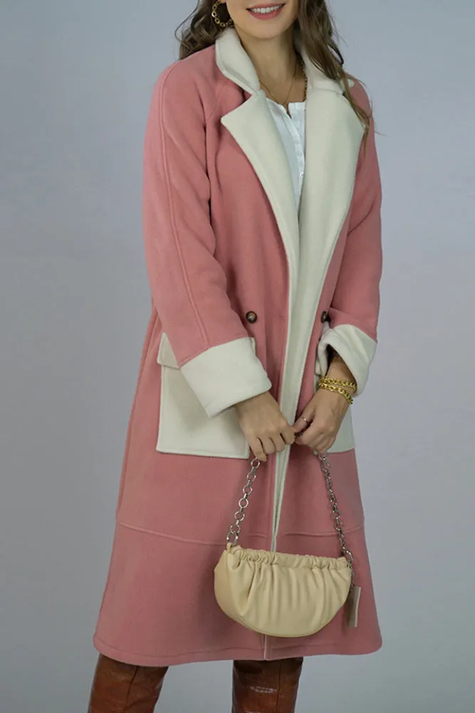 Lapel Collar Contrast Color Pockets Long Length Woolen Winter Outfits Coat