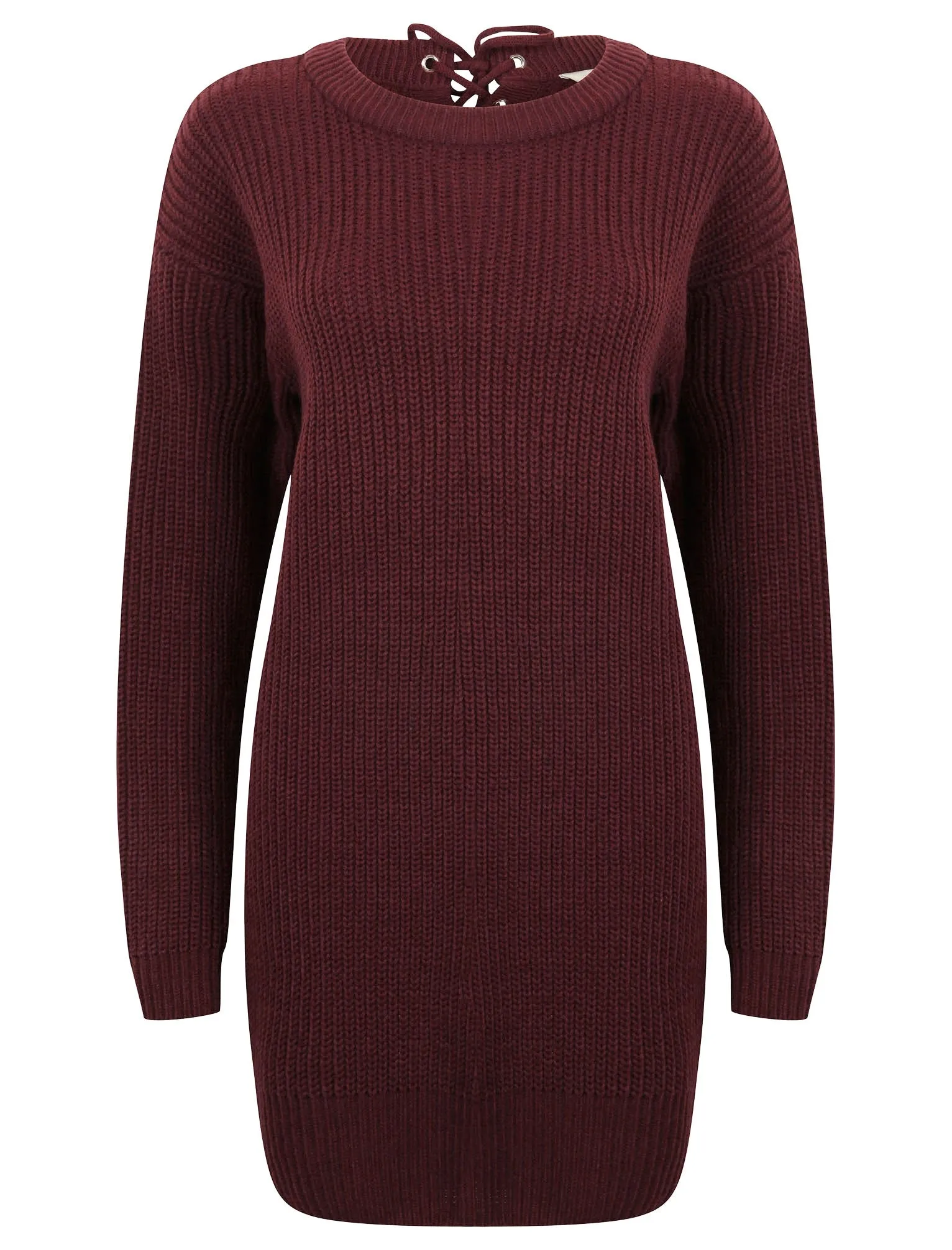Lion Longline Jumper Dress with Tie Back Detail in Wine / Burgundy - Tokyo Laundry