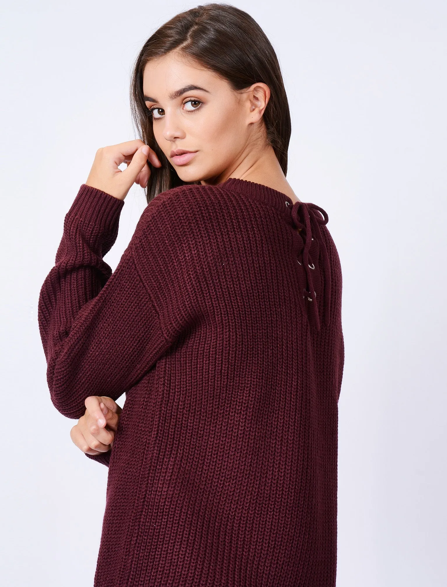 Lion Longline Jumper Dress with Tie Back Detail in Wine / Burgundy - Tokyo Laundry