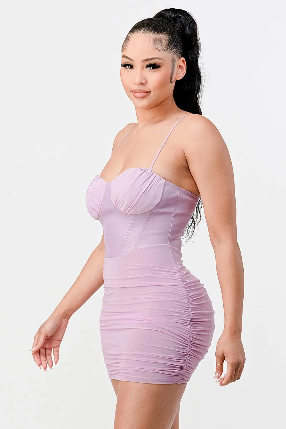 LUX MESH SWEETHEART PU CONTRAST RUCHED DRESS