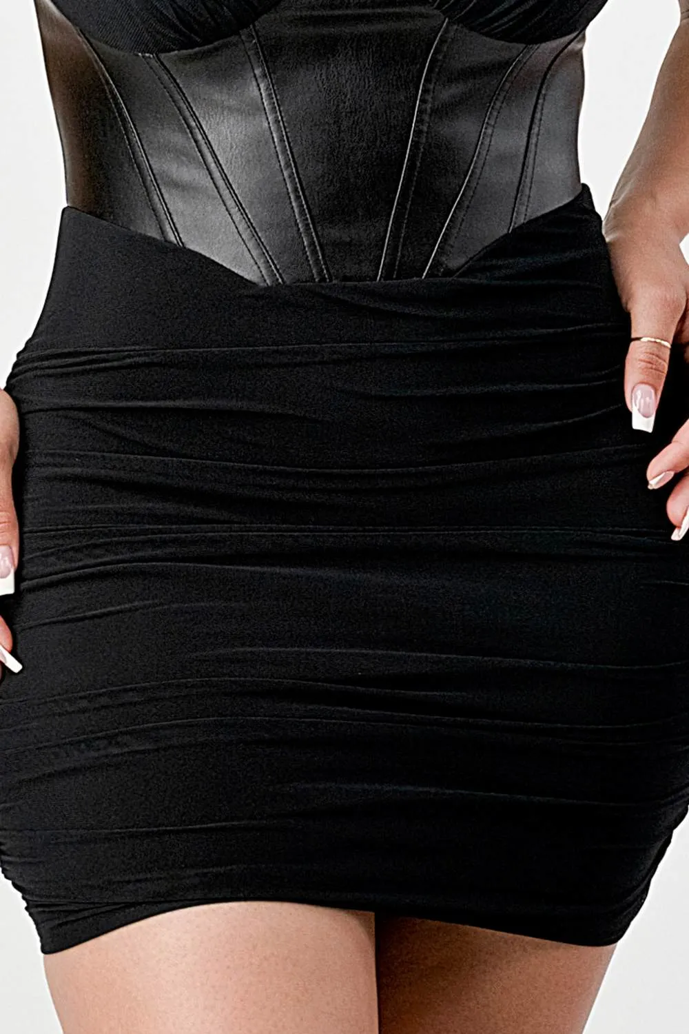 LUX MESH SWEETHEART PU CONTRAST RUCHED DRESS