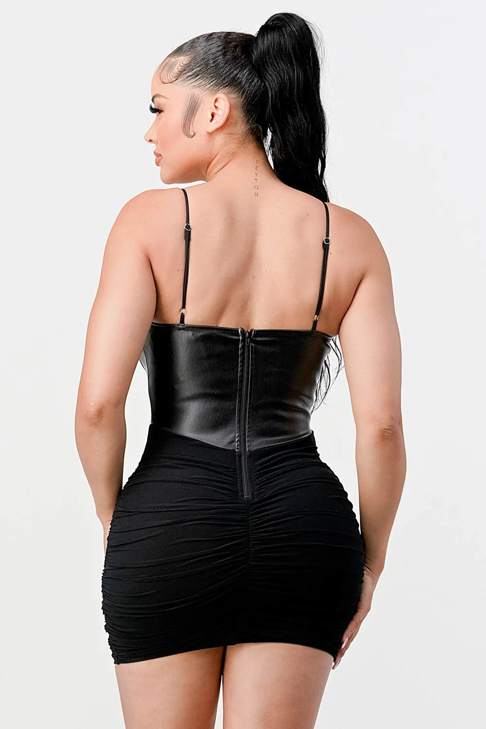 LUX MESH SWEETHEART PU CONTRAST RUCHED DRESS