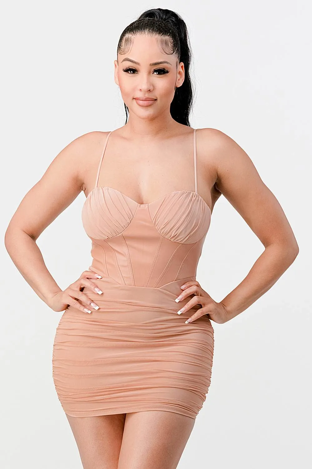 LUX MESH SWEETHEART PU CONTRAST RUCHED DRESS