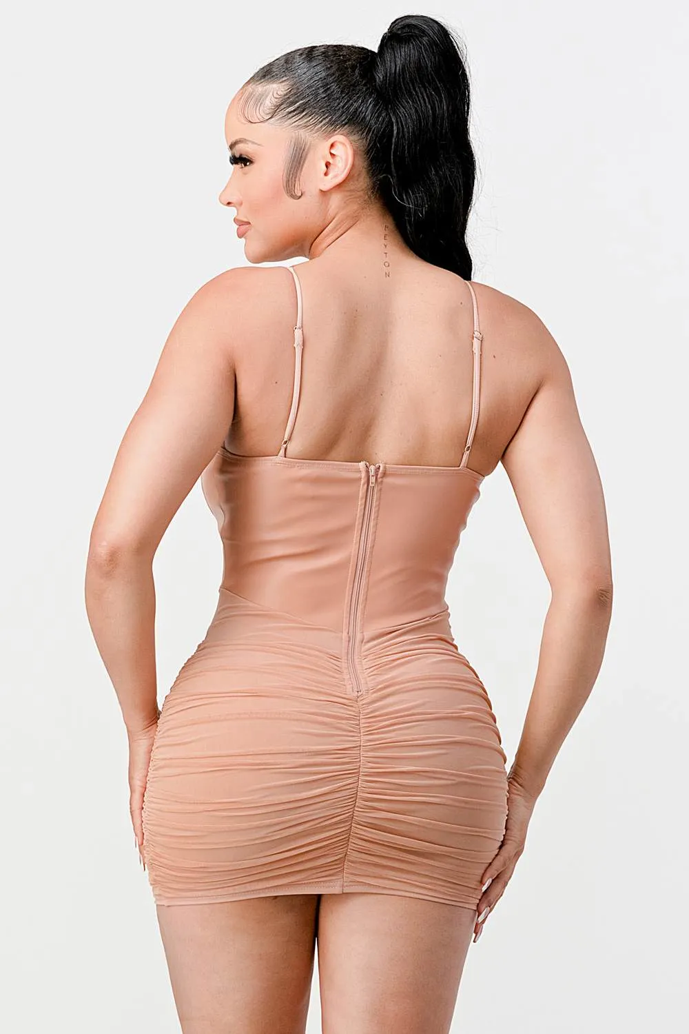 LUX MESH SWEETHEART PU CONTRAST RUCHED DRESS