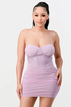 LUX MESH SWEETHEART PU CONTRAST RUCHED DRESS