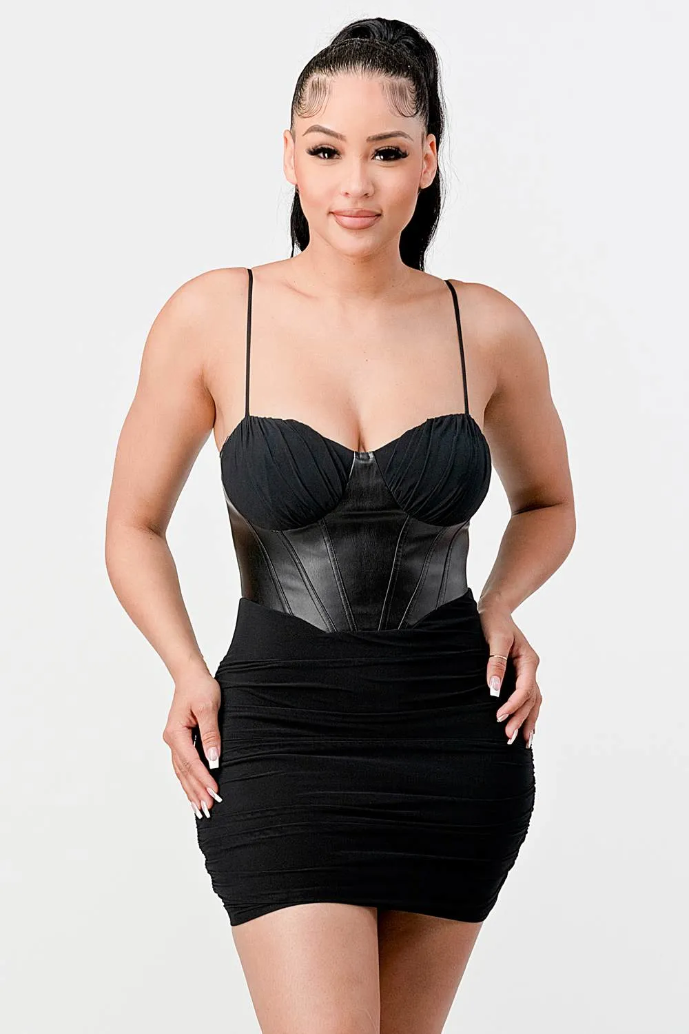 LUX MESH SWEETHEART PU CONTRAST RUCHED DRESS