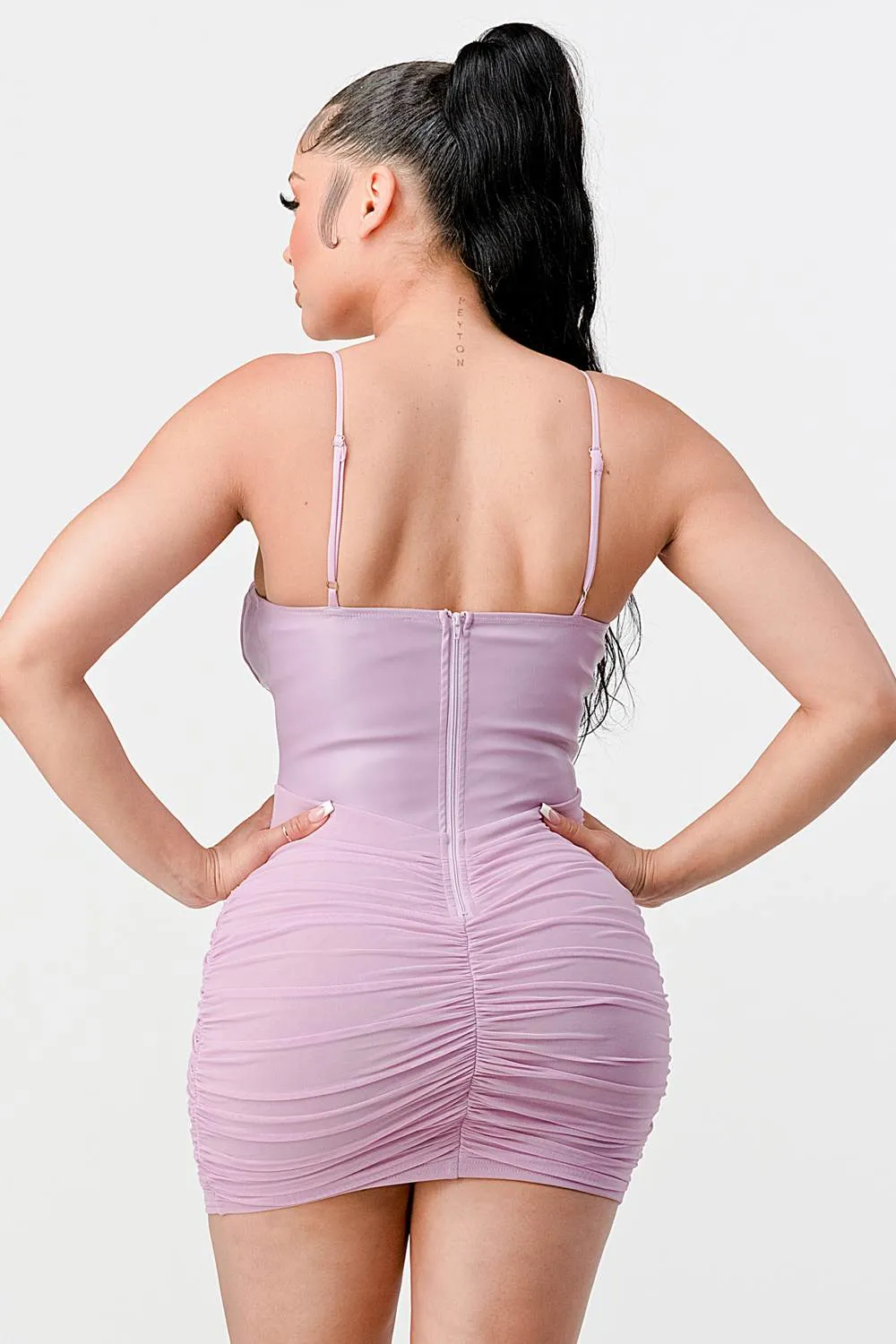 LUX MESH SWEETHEART PU CONTRAST RUCHED DRESS