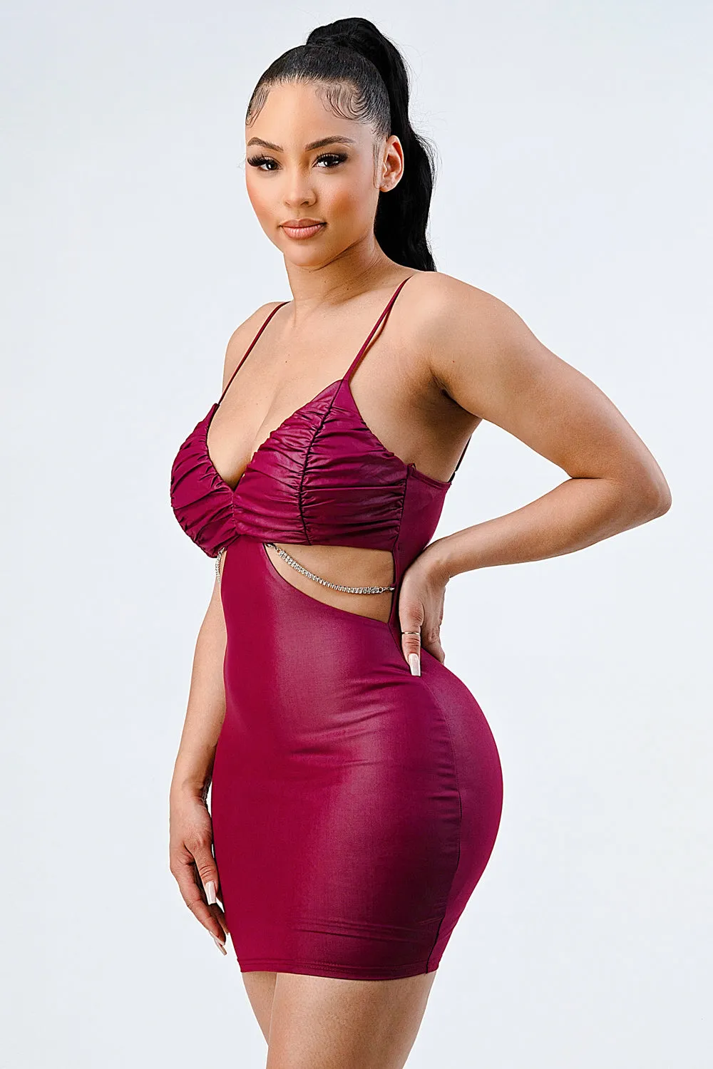 LUX PU SILVER CHAIN WAIST DETAIL BODYCON DRESS
