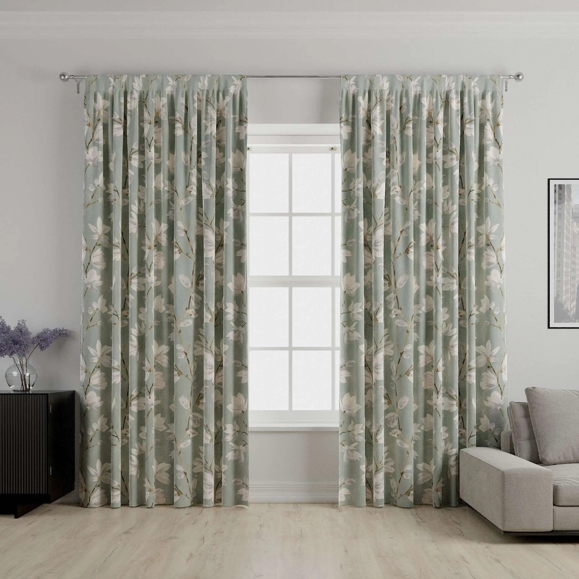 Magnolia Duck Egg Floral Cotton Print Curtains