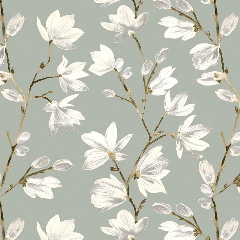 Magnolia Duck Egg Floral Cotton Print Curtains
