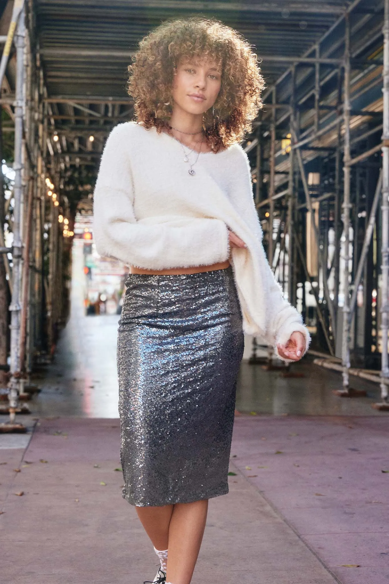 Metallic Sequin Midi Pencil Skirt