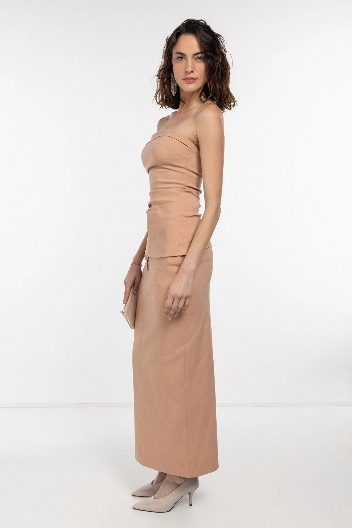 Mocha Fit Pencil Beige Midi Skirt