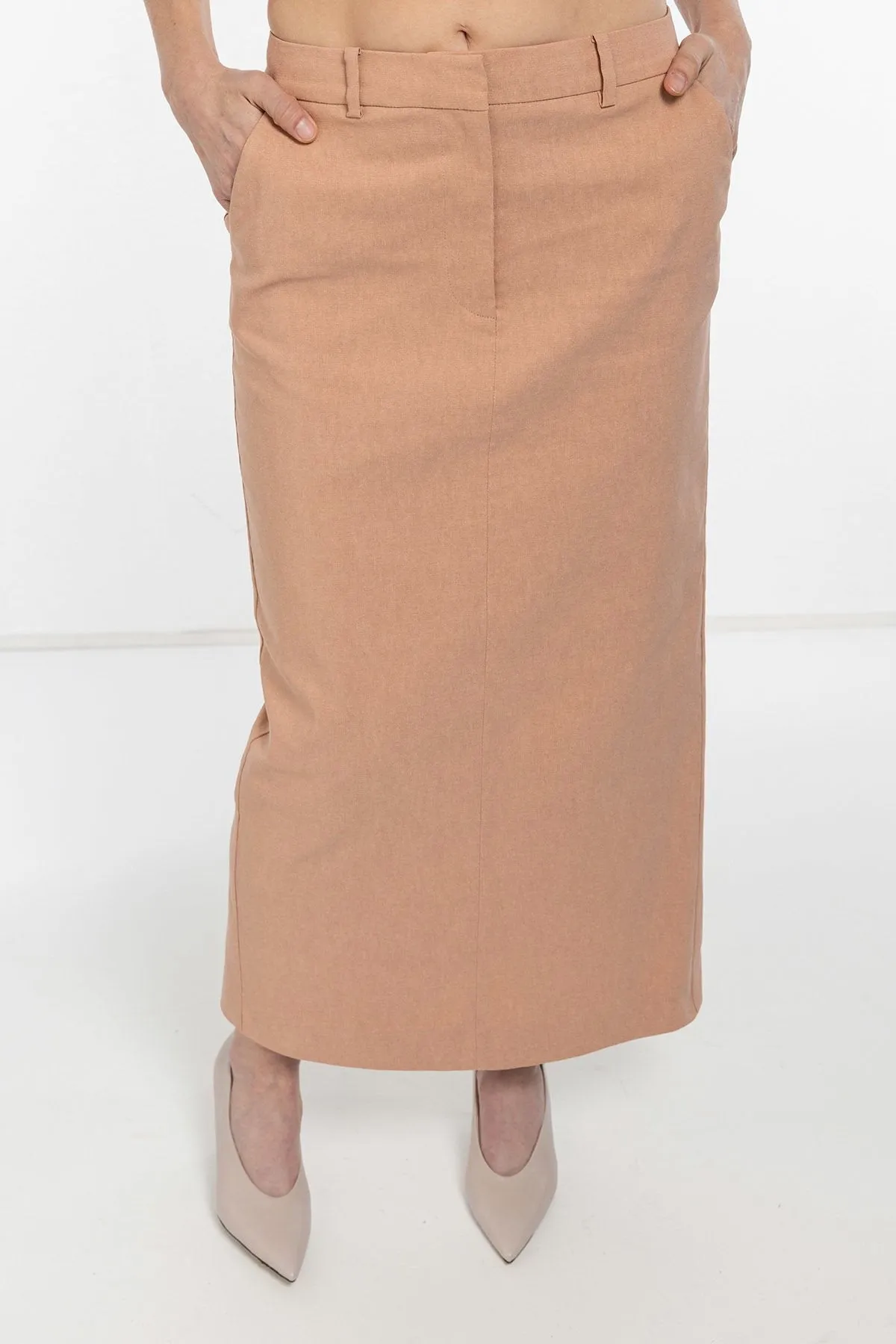 Mocha Fit Pencil Beige Midi Skirt