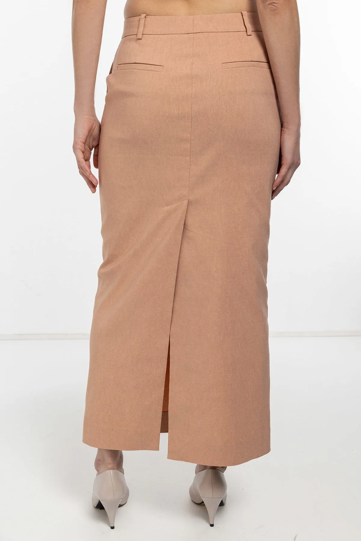 Mocha Fit Pencil Beige Midi Skirt