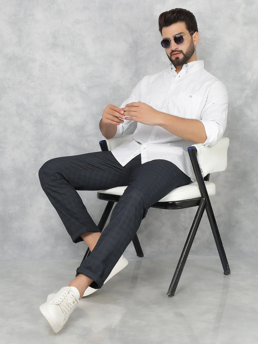 Navy Blue Checkered Chinos Trousers